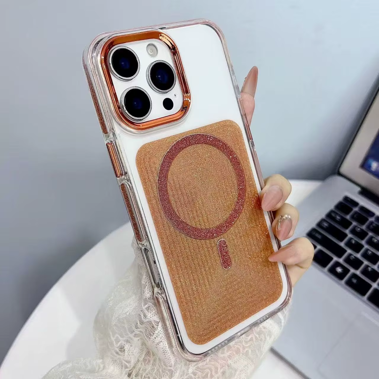 iPhone 12 Pro Max/13 Pro Max Glitter Edge Magnetic Case - Rose Gold